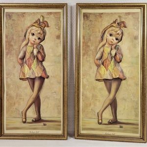 2 Vintage 1960s MAIO Harlequin Dancer Girls Litho Prints USA Framed Big Eyes